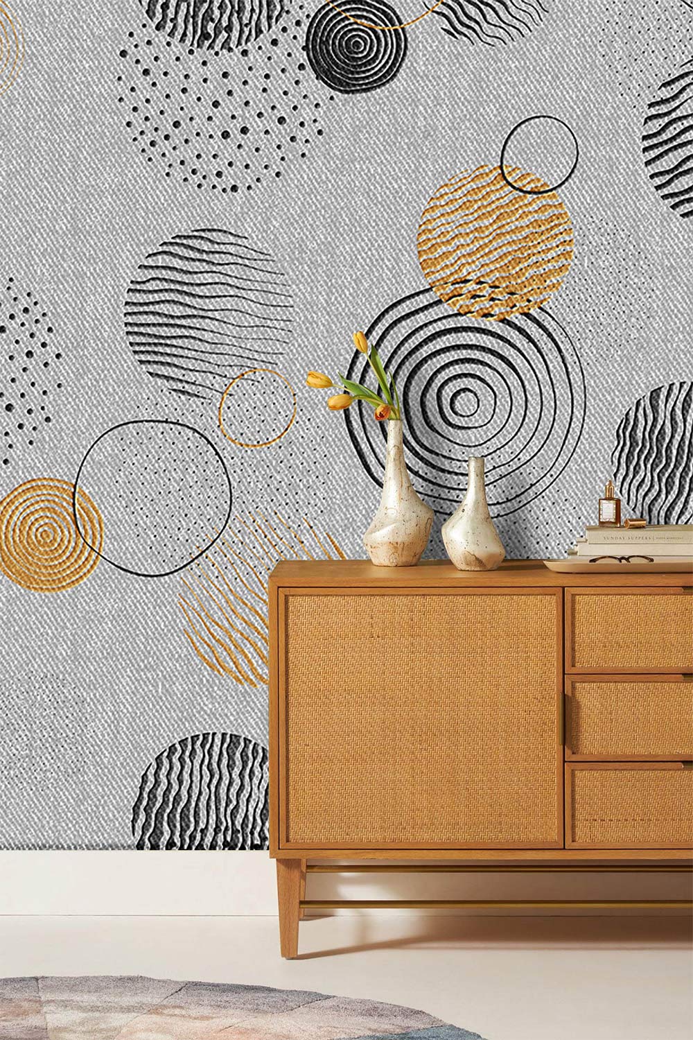Monochrome and Gold Geometric Circles Wallpaper, modern sideboard, textured wall, stylish living room design.
