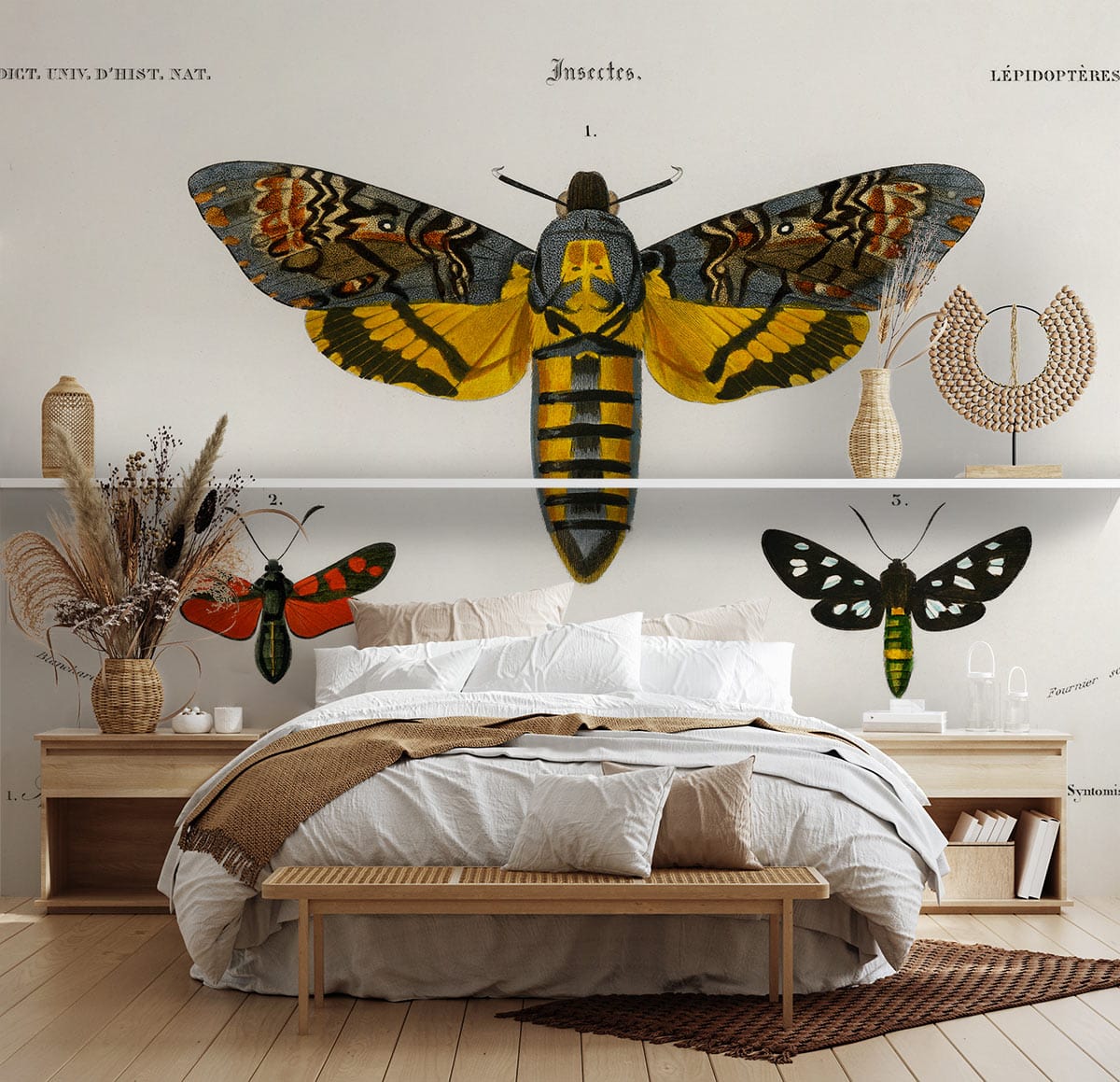 Vintage Moth Illustration Wallpaper adorns modern bedroom with neutral decor and wooden flooring accents.