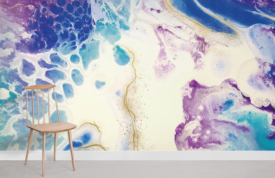 Vibrant abstract oceanic wallpaper with wooden chair on grey floor, in modern living room setting.