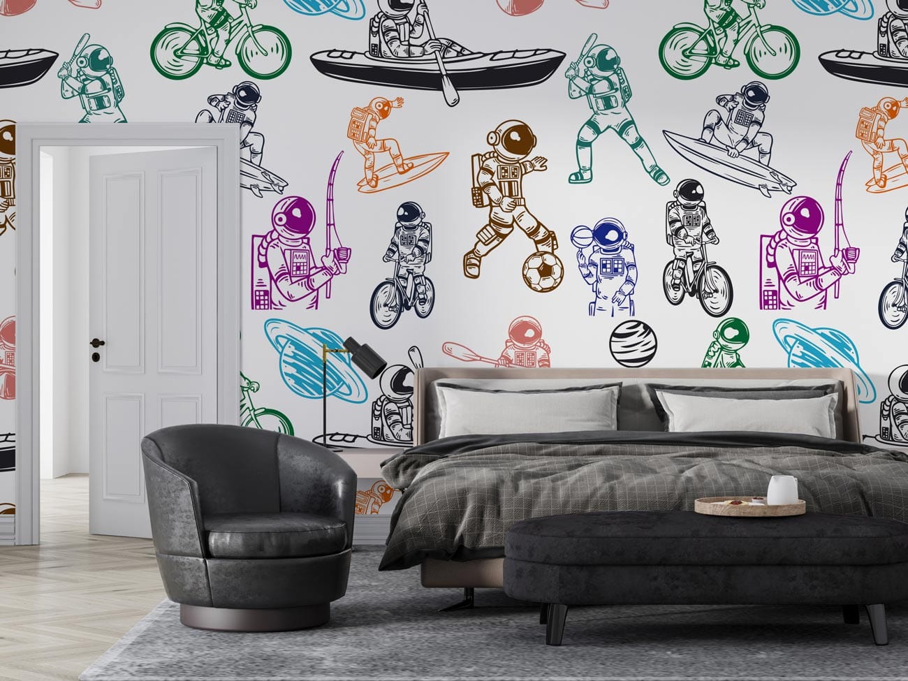 Colourful Space Adventure Theme Kids' Playroom Patterned Mural ...