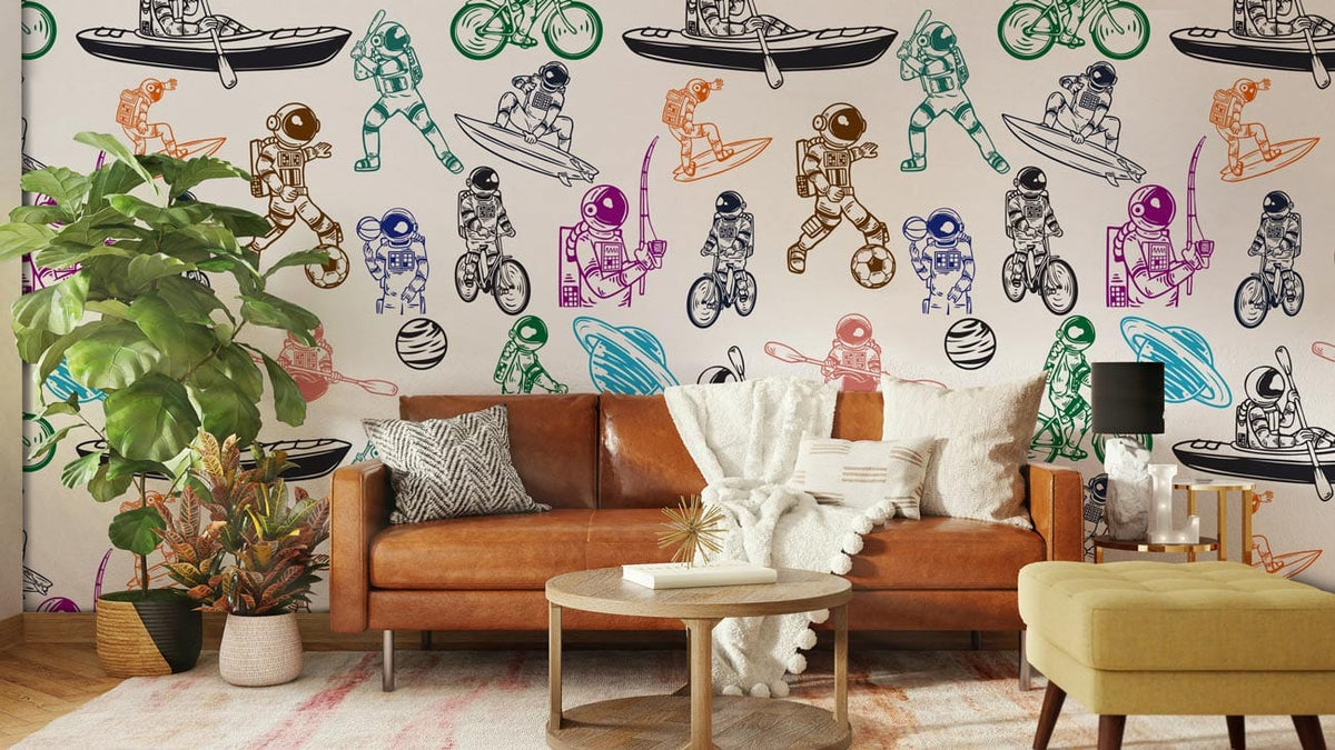 Colourful space-themed kids' playroom wallpaper with playful astronauts, brown sofa, green plant, wooden flooring.