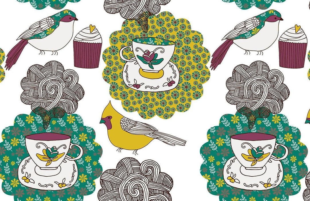 Vintage Birds and Tea Set Patterned Wallpaper in Vibrant Multicolour Design