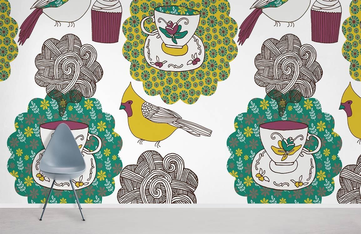 Colorful Birdie Teapot wallpaper mural