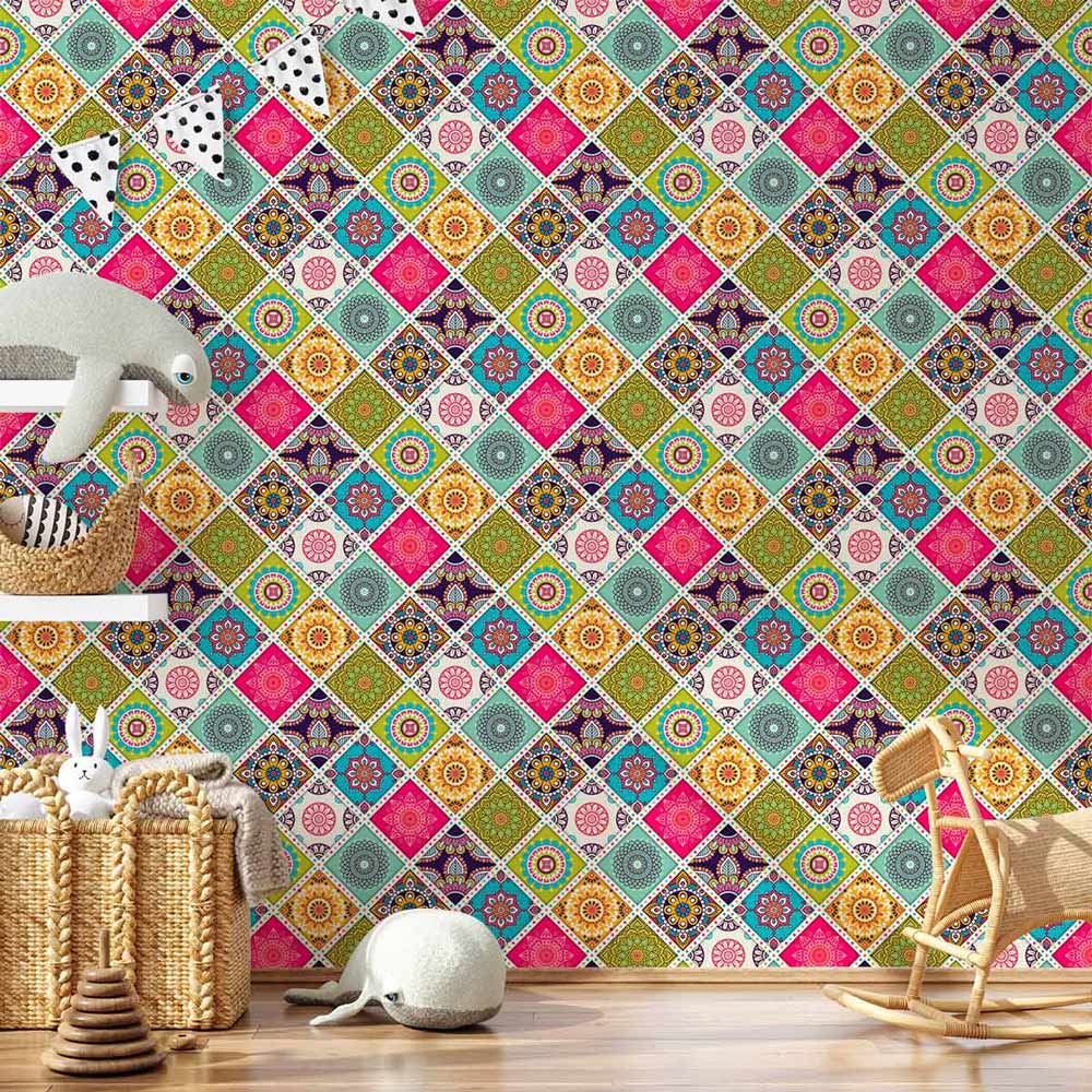 Colourful geometric mosaic wallpaper in bohemian style decor, featuring natural wood flooring and woven baskets.