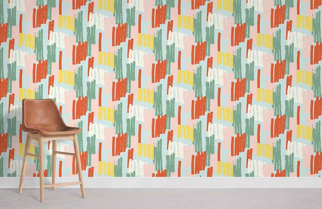 Multicolour retro brushstroke wallpaper, brown leather chair, wooden legs, modern living room decor setup.