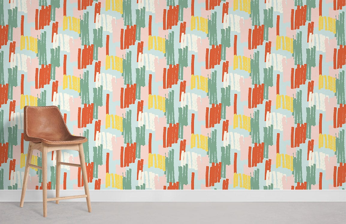 Multicolour retro brushstroke wallpaper, brown leather chair, wooden legs, modern living room decor setup.