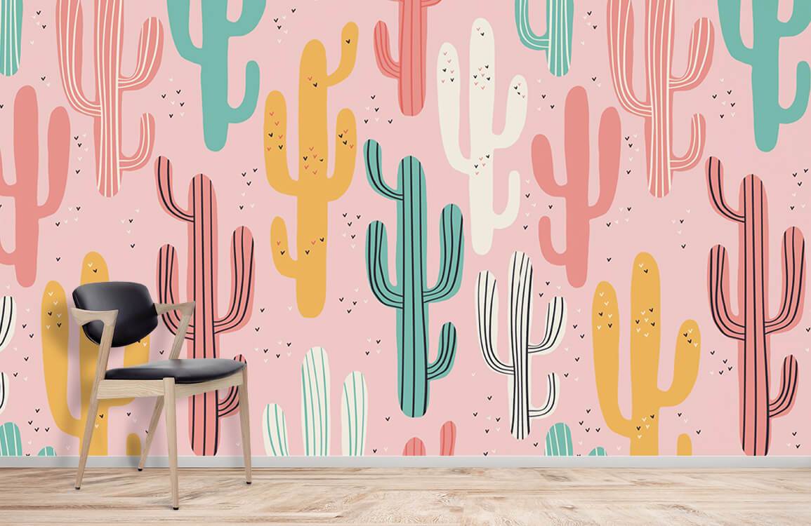 Pastel cactus wallpaper with playful desert vibes, wooden flooring, modern black chair in elegant room.
