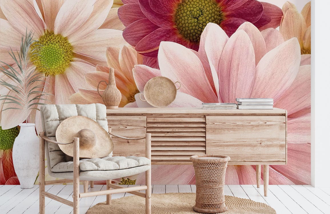 Vintage Floral Daisy Mural Wallpaper, soft pink burgundy; wooden furniture; wicker chair; neutral decor.