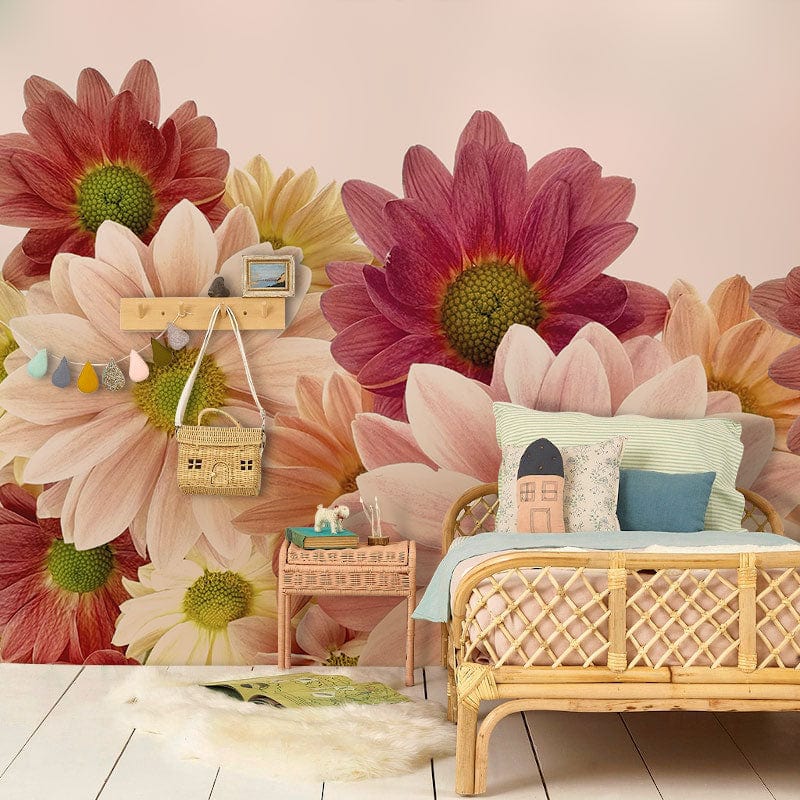 Vintage Floral Daisy Bloom Wallpaper, wicker bed, light wood flooring, nursery; soft pink and burgundy hues.