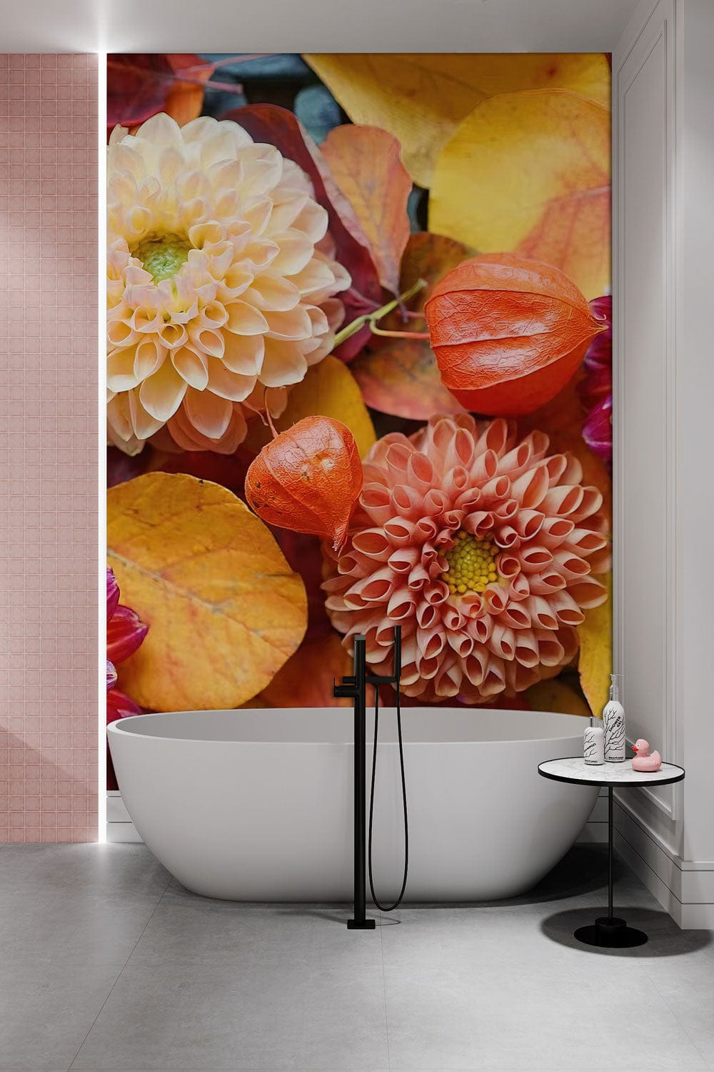 Autumn Blossom Delight Floral Mural Wallpaper in vibrant bath setting with modern tub, elegant design.