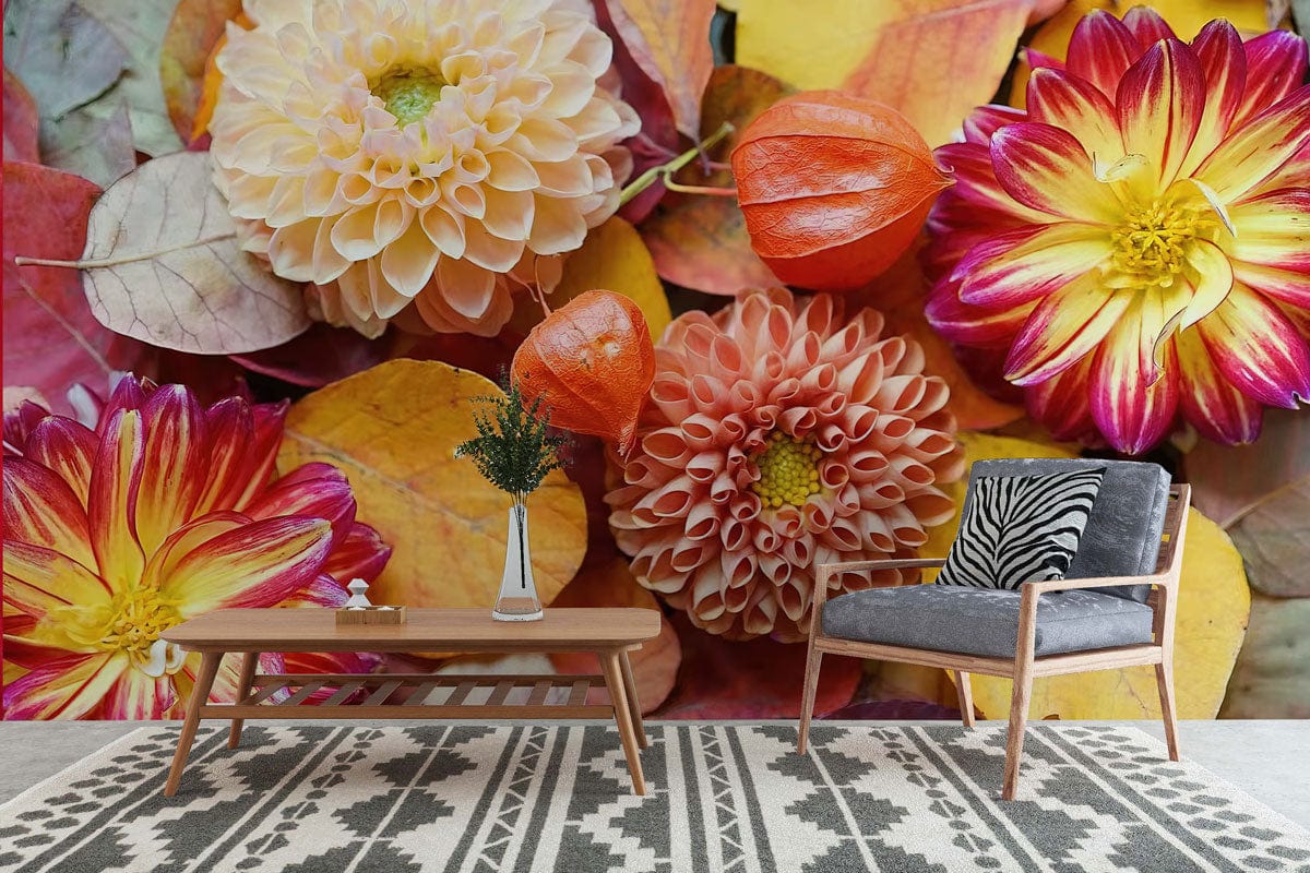 Autumn Blossom Delight Floral Mural Wallpaper with vibrant colours, grey sofa and patterned rug.
