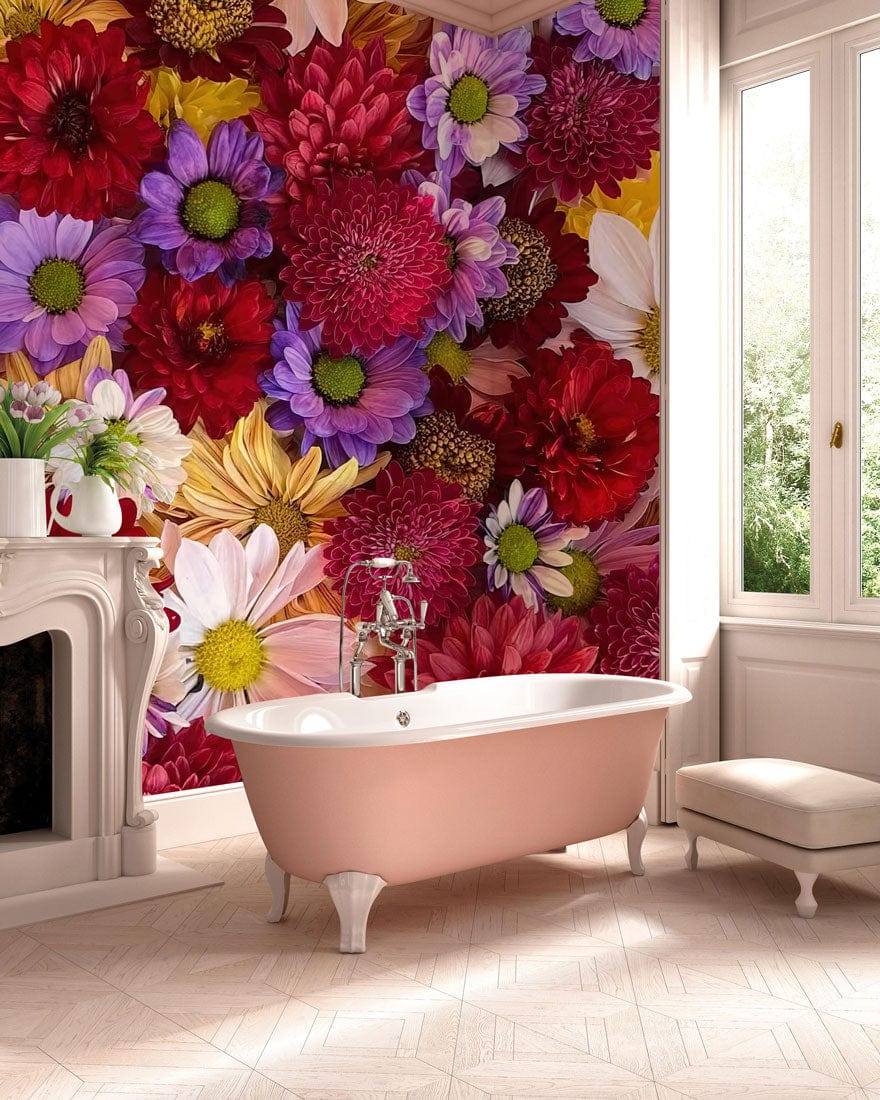 Vibrant multicolour floral wallpaper in bathroom, featuring pink bathtub and cream fireplace for stylish Décor.