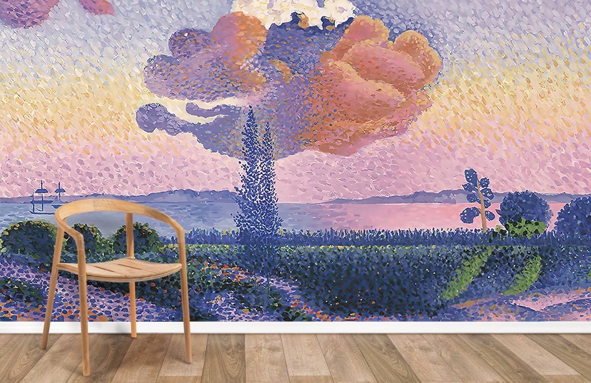 Impressionist Dreamscape Mural Wallpaper in pastels with wooden chair, wooden flooring, serene landscape.