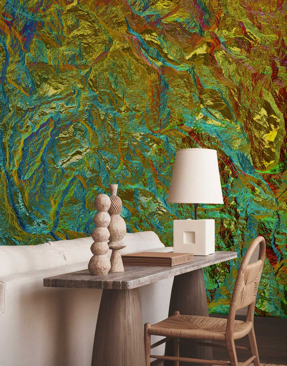 Vibrant abstract mural wallpaper in modern interior with wooden desk, white sofa, and stylish chair.