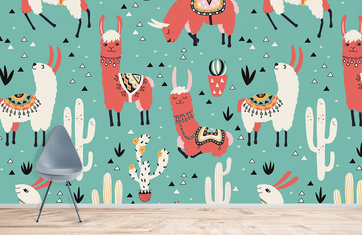 Colorful Green Background sheep and cactus wallpaper mural