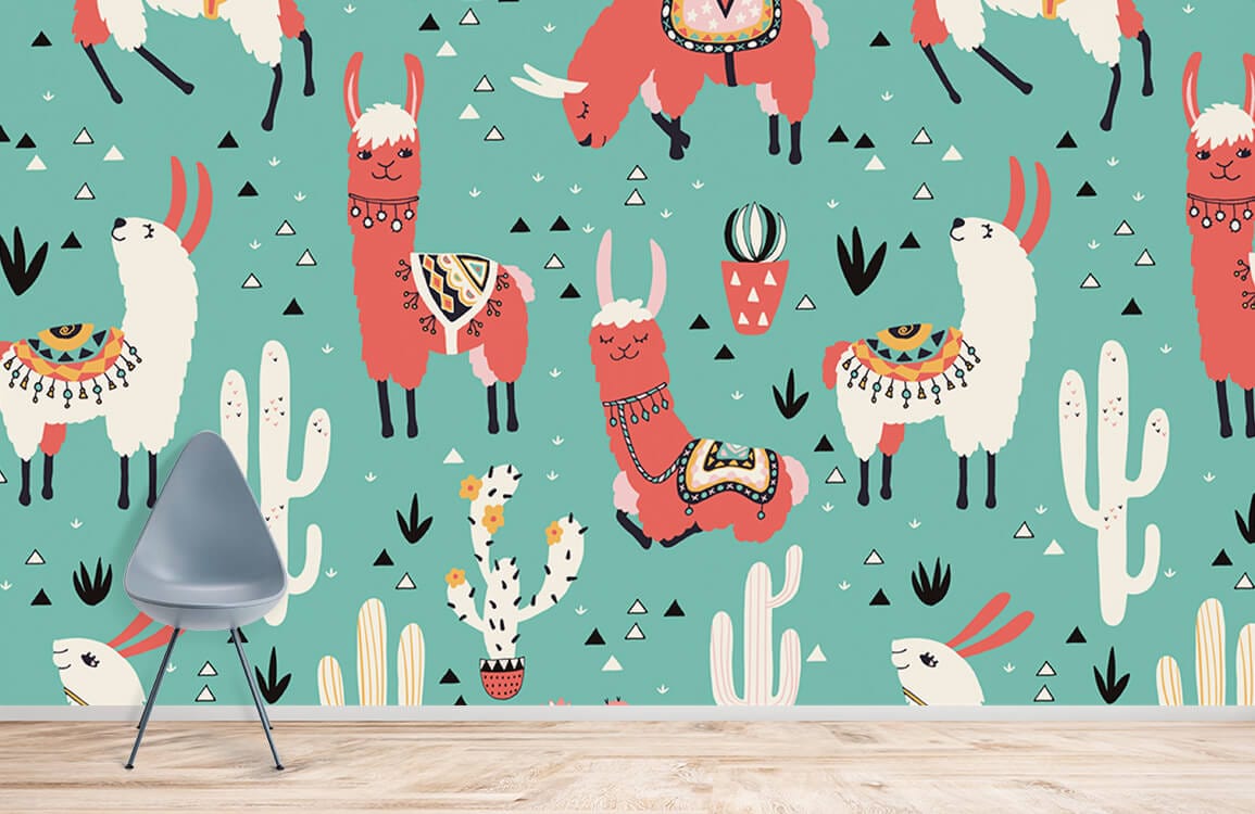 Whimsical Llama Fiesta Turquoise Wallpaper featuring llamas, cacti, and a grey chair on wooden flooring.