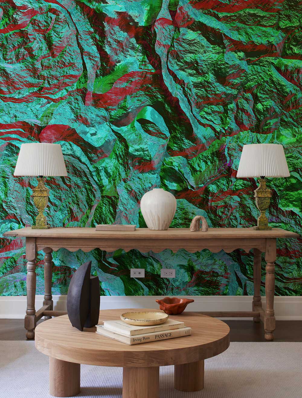 Vibrant Abstract Green Red Mural Wallpaper, wooden console table, round coffee table, modern lamps.