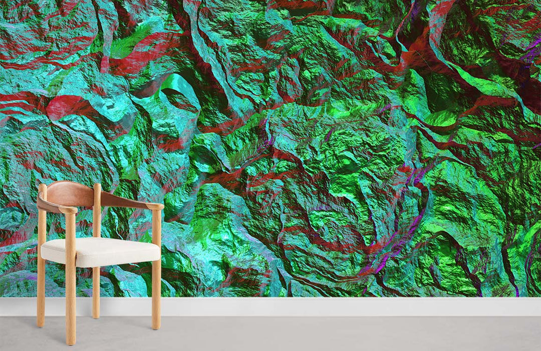 Vibrant abstract mural wallpaper with green and red texture, featuring modern wood chair, grey flooring.