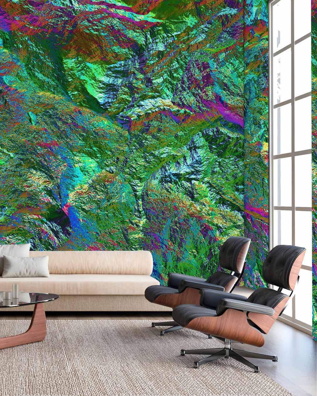 Vibrant multicolour abstract landscape mural wallpaper in living room with beige sofa and armchairs.