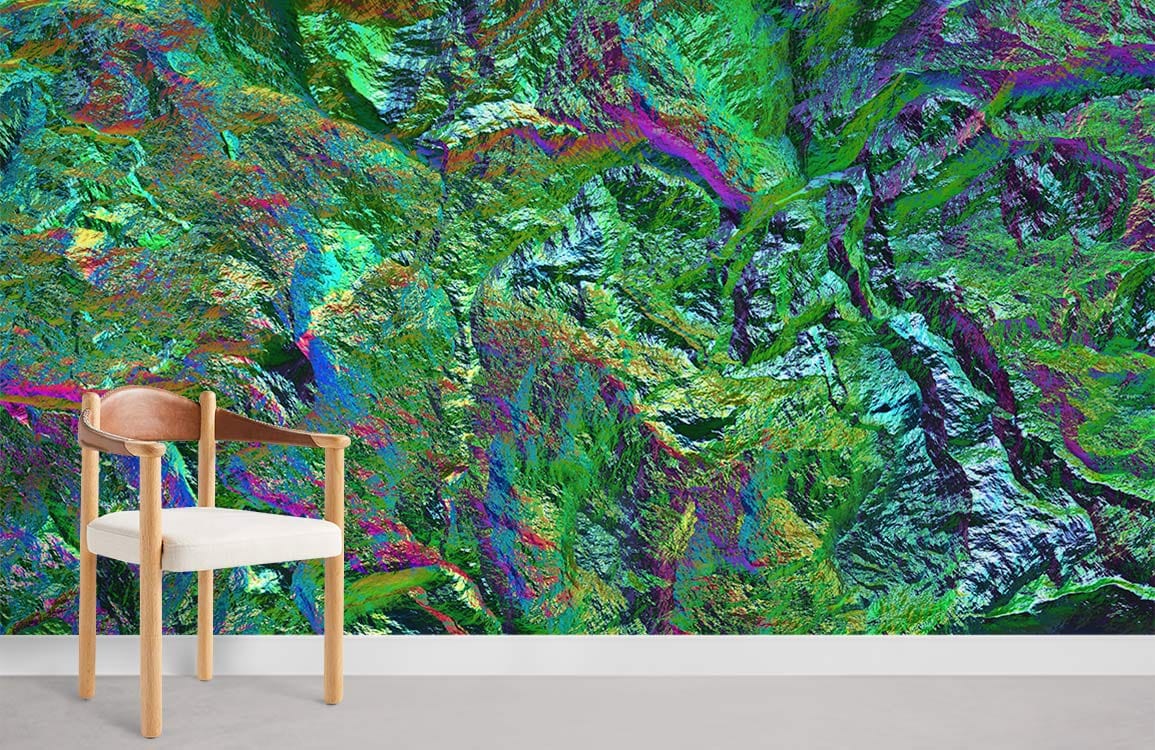 Abstract mural wallpaper with vibrant colours; wooden chair; concrete flooring; contemporary room design.