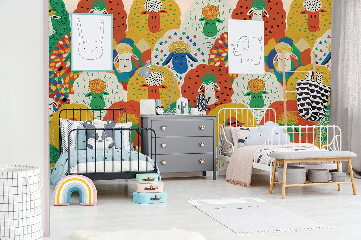 Colourful playful sheep wallpaper in kids' room, featuring white beds, grey dresser, and light wood flooring.
