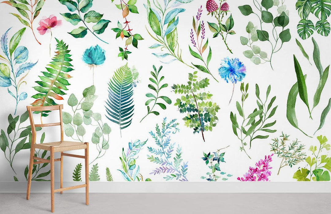 Vibrant botanical wallpaper in green with a wooden chair, grey floor; natural, artistic room decor.