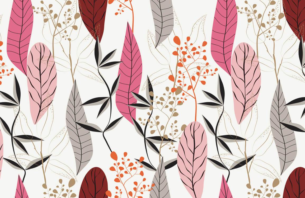 Contemporary Autumn Leaf Pattern Wallpaper in Pink, Grey and Burgundy Hues