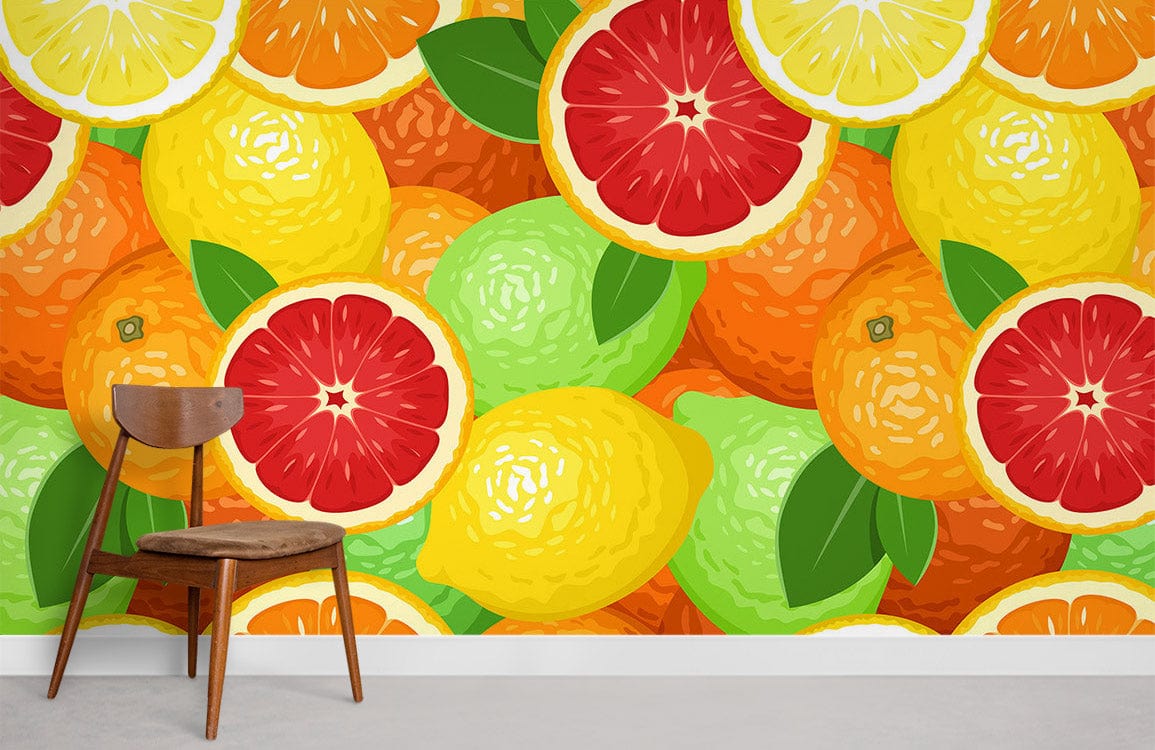 Vibrant Citrus Fruit Pattern Wallpaper; colourful kitchen decor with wooden chair, suitable for walls.