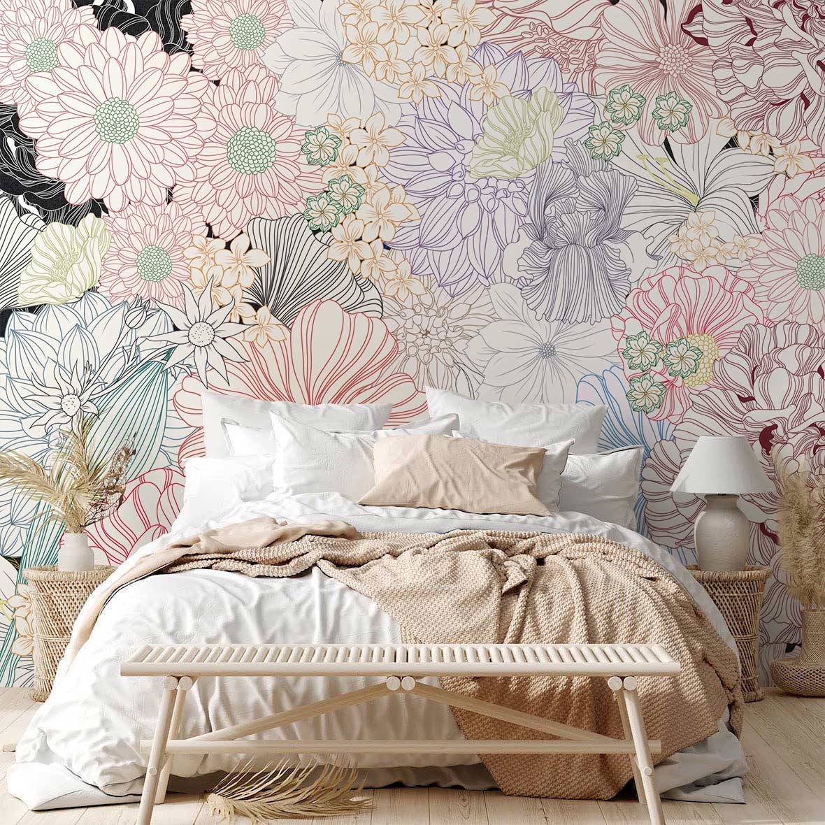 Floral Elegance Bloom mural wallpaper, pastel line art, bedroom decor, white duvet, brown blanket, bench.