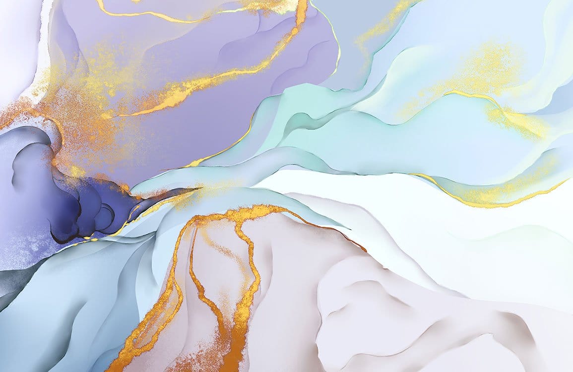 Elegant Abstract Watercolour Swirl Wallpaper in Blue and Gold Tones Design