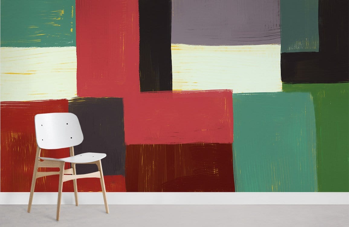 Abstract multicolour geometric mural wallpaper, white modern chair, wooden flooring in minimalist room.