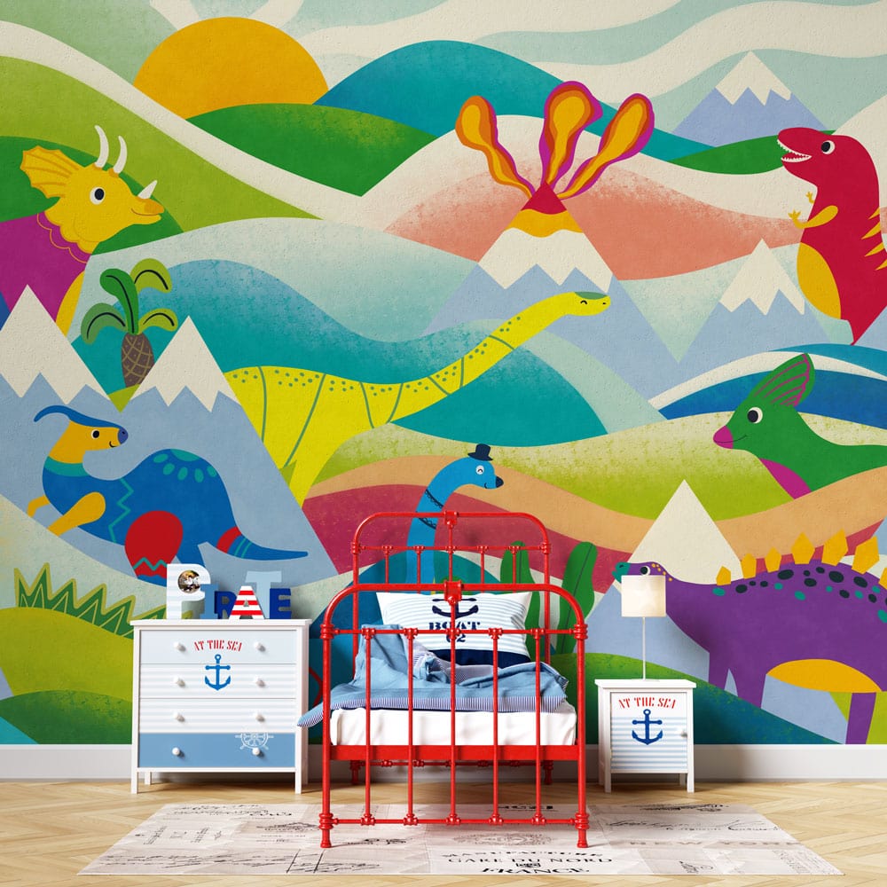 Kids' room with colourful dinosaur mural wallpaper, vibrant red bed, nautical-themed dresser, light wooden flooring.
