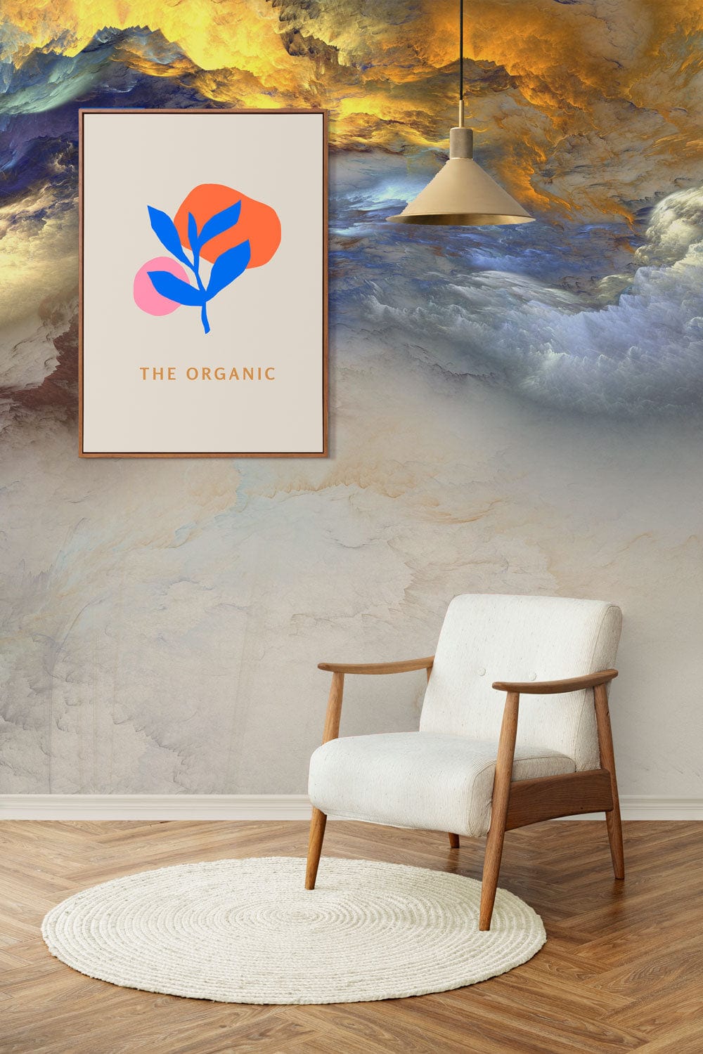 Abstract Skyscape Mural in blue and gold with modern chair, pendant light, and wooden flooring.