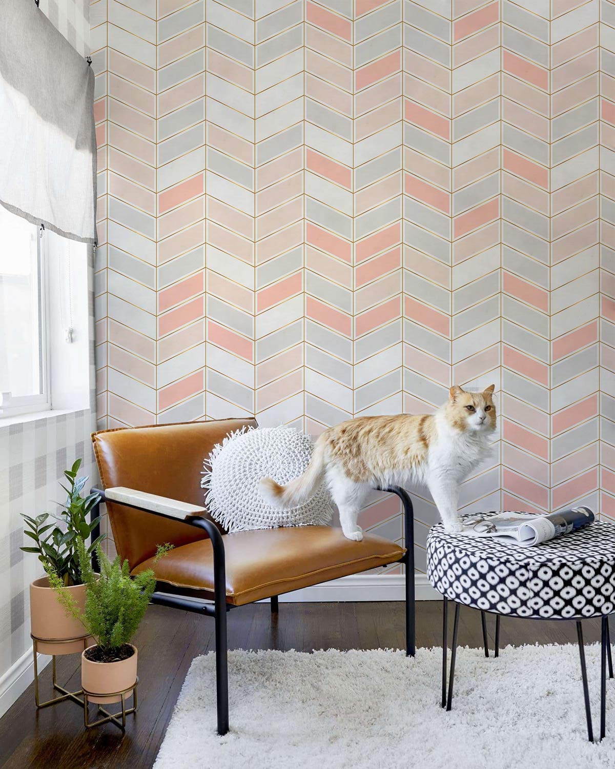 Blush Pink Chevron Wallpaper, leather chair, patterned ottoman, cat, modern living room setting.