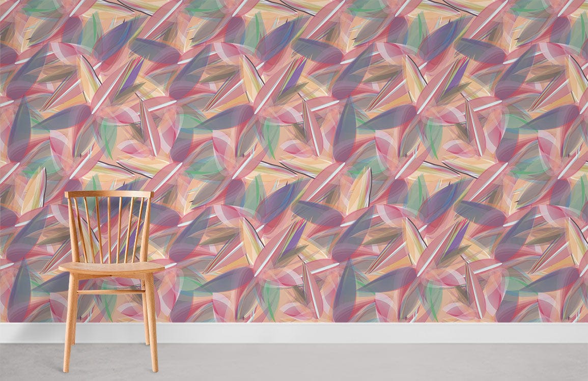 Multicoloured geometric wallpaper for modern interiors with wooden chair on grey floor in living room.