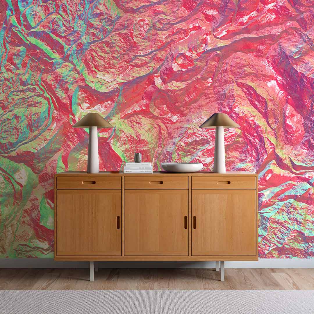 Vibrant wall mural with wooden sideboard, contemporary lamps; creative interior design accenting colourful decor.