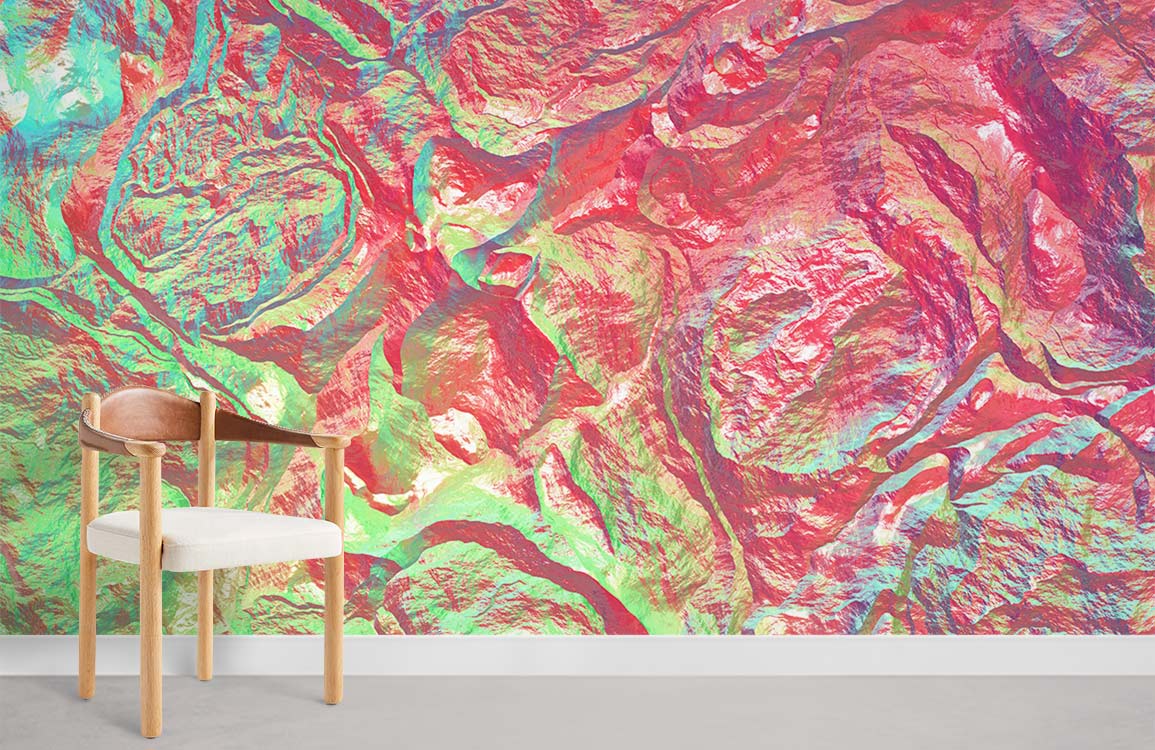 Vibrant abstract terrain mural wallpaper in living room with modern wooden chair, grey flooring, colourful walls.