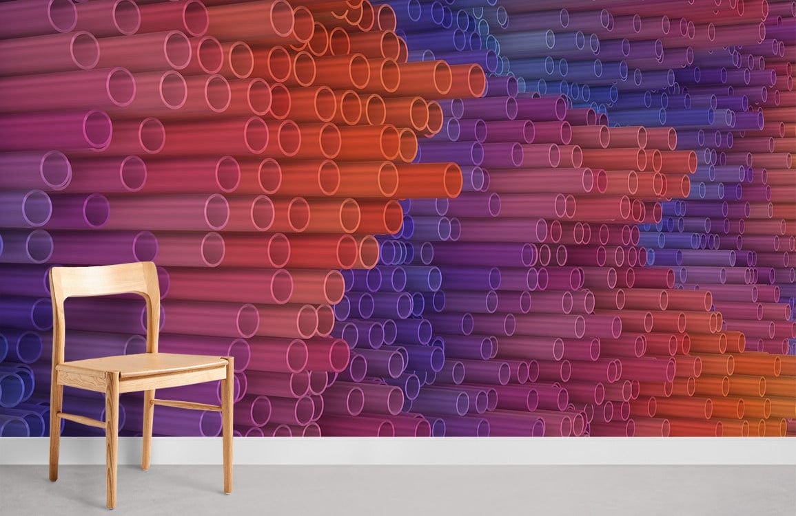Vibrant gradient tubes mural wallpaper with wooden chair, modern living room, grey flooring.