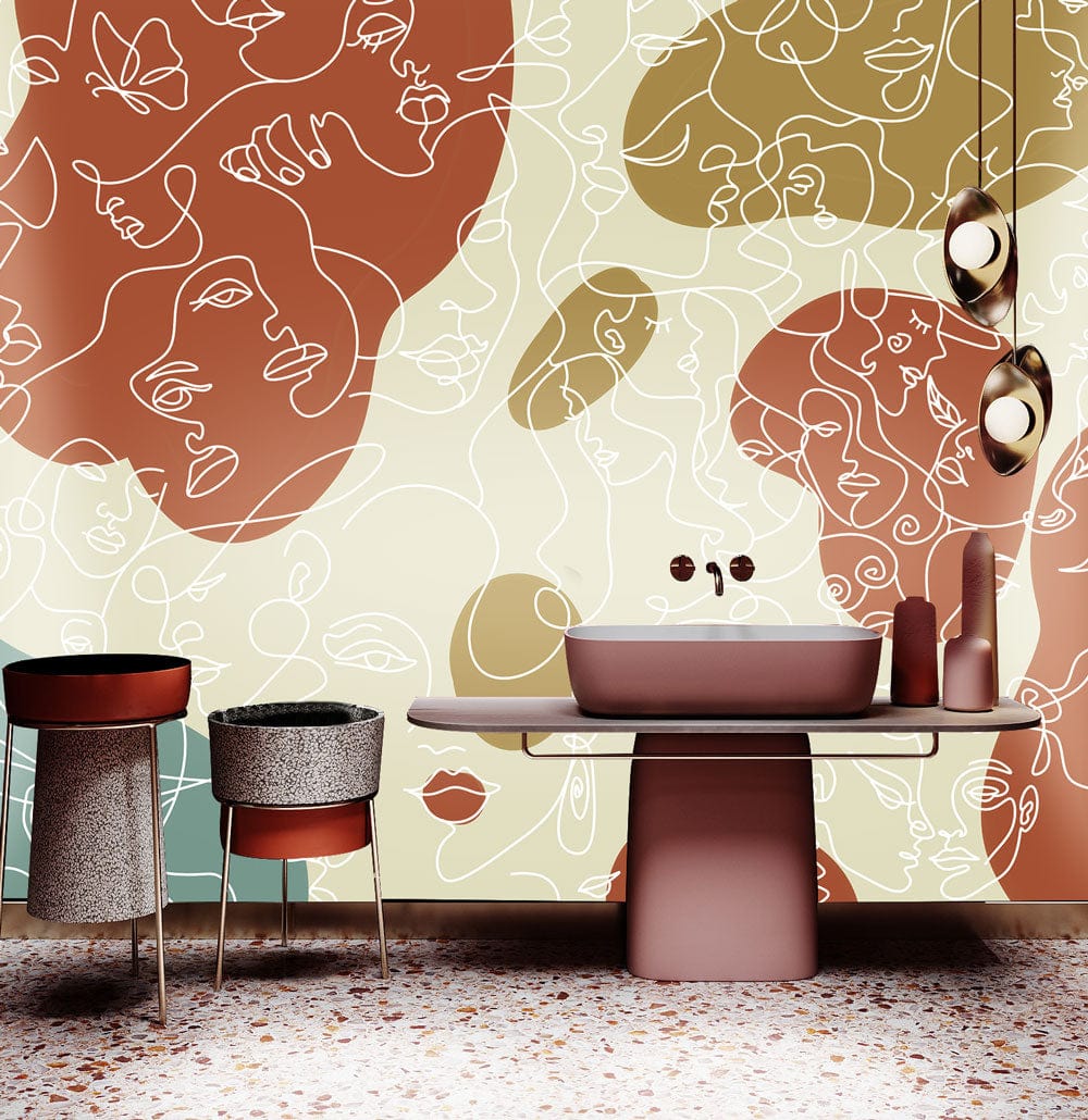 Abstract Pastel Earth Tones Line Art Wallpaper in bathroom with pink basin, modern stools, terrazzo flooring.