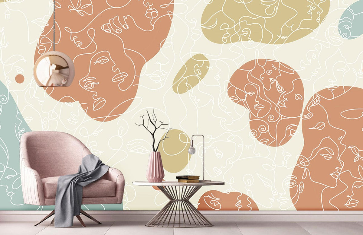 Abstract pastel earth tones line art wallpaper with pink armchair, minimalist coffee table, modern decor.