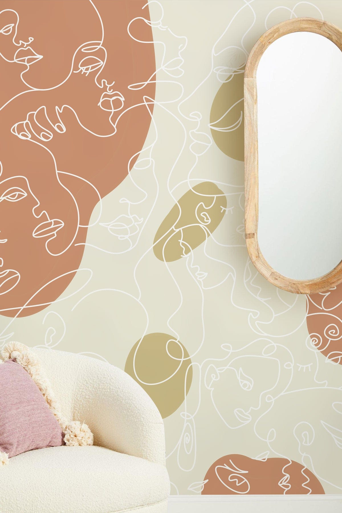 Abstract Pastel Earth Tones Wallpaper in lounge, featuring cream sofa, oval mirror, unique wall patterns.