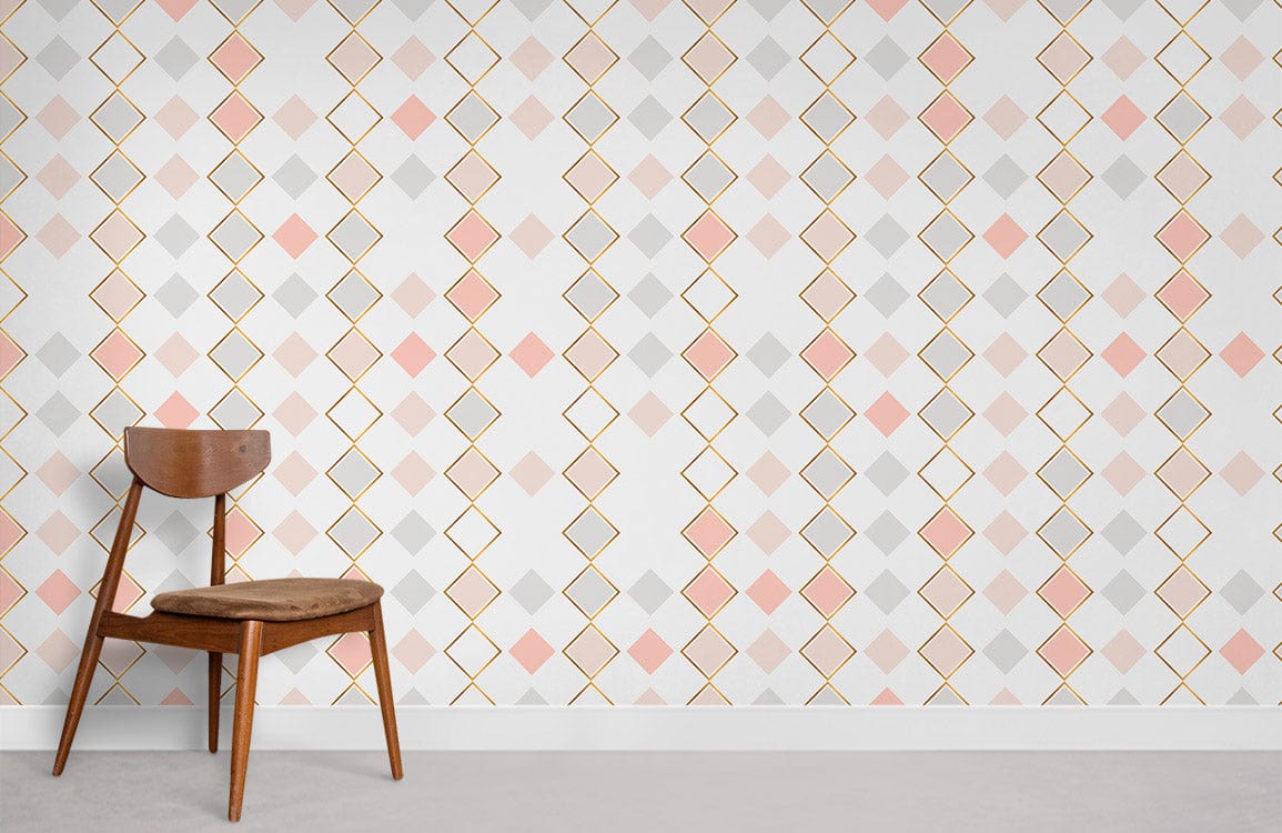 Geometric pastel diamonds wallpaper with gold accents, modern chair, grey floor in a contemporary setting.
