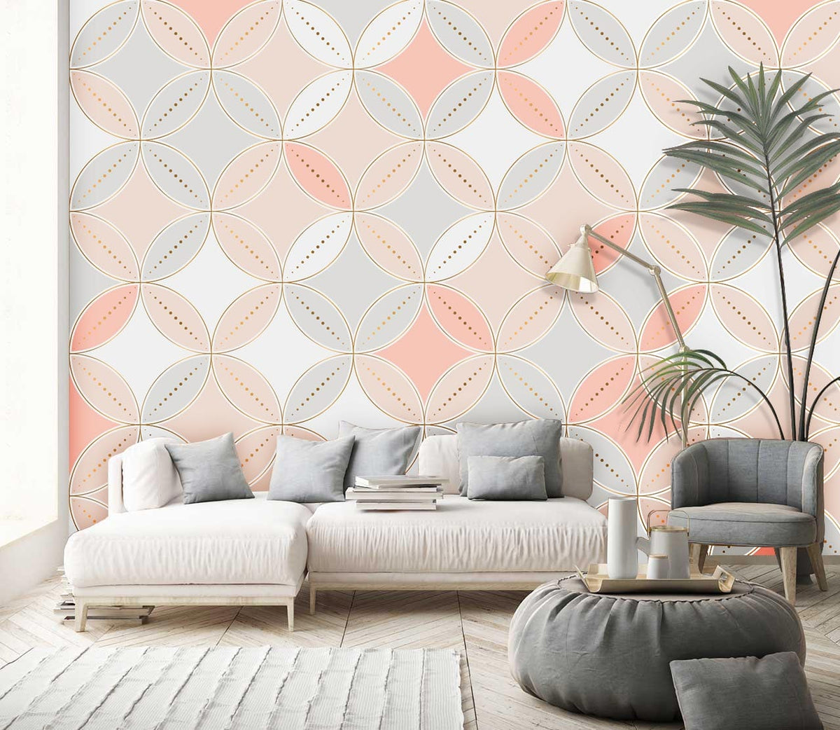 Pastel geometric circle wallpaper in soft pink and grey tones, modern sofa, and chair in living room.