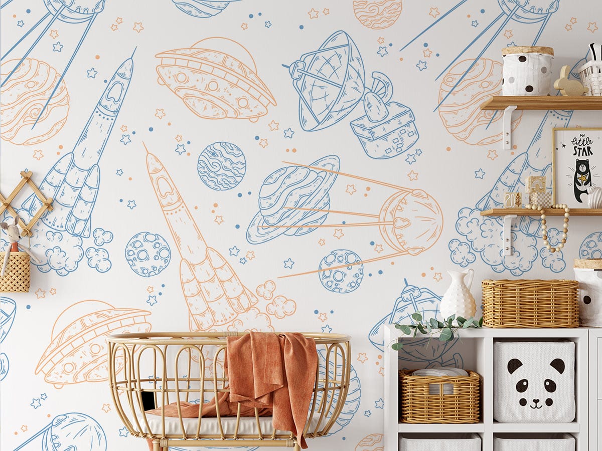 Vintage space wallpaper, child's room, blue and orange design, wicker cot, white shelving, baskets.