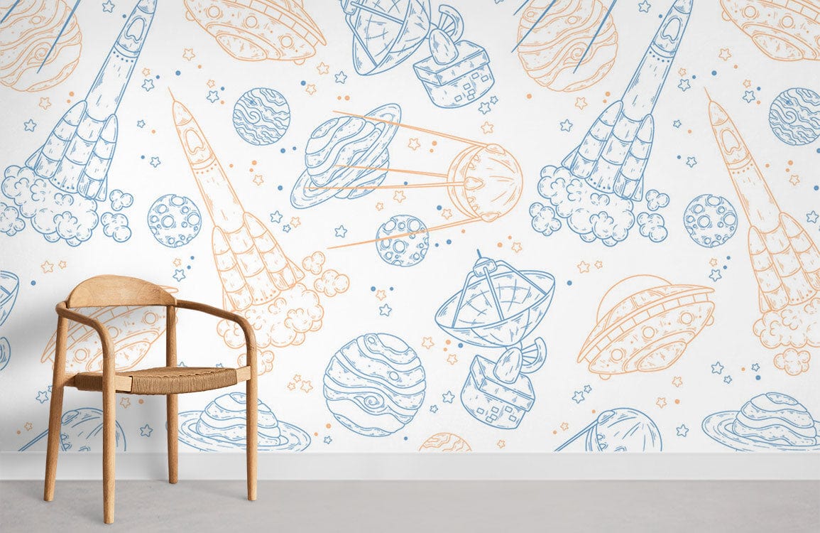 Vintage Space Adventure wallpaper, blue and orange rockets, and wooden chair in a child's room setting.