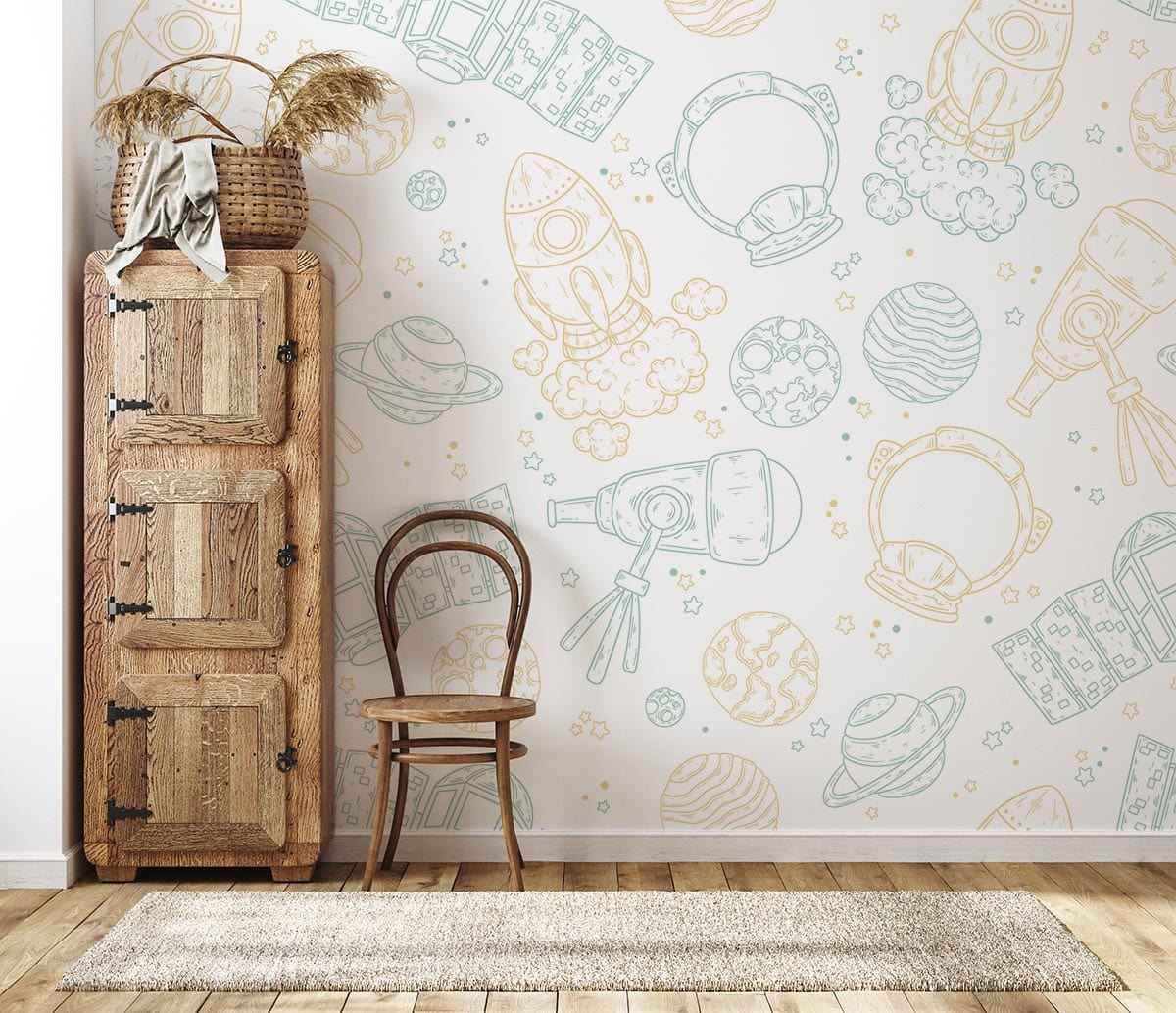 Space Adventure wallpaper with astronauts, wooden cabinet, chair, rug, and hardwood flooring in children's room.