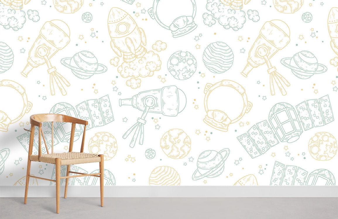 Space Adventure child's wallpaper with astronauts, rockets. Wooden chair, grey flooring, minimalist room design.