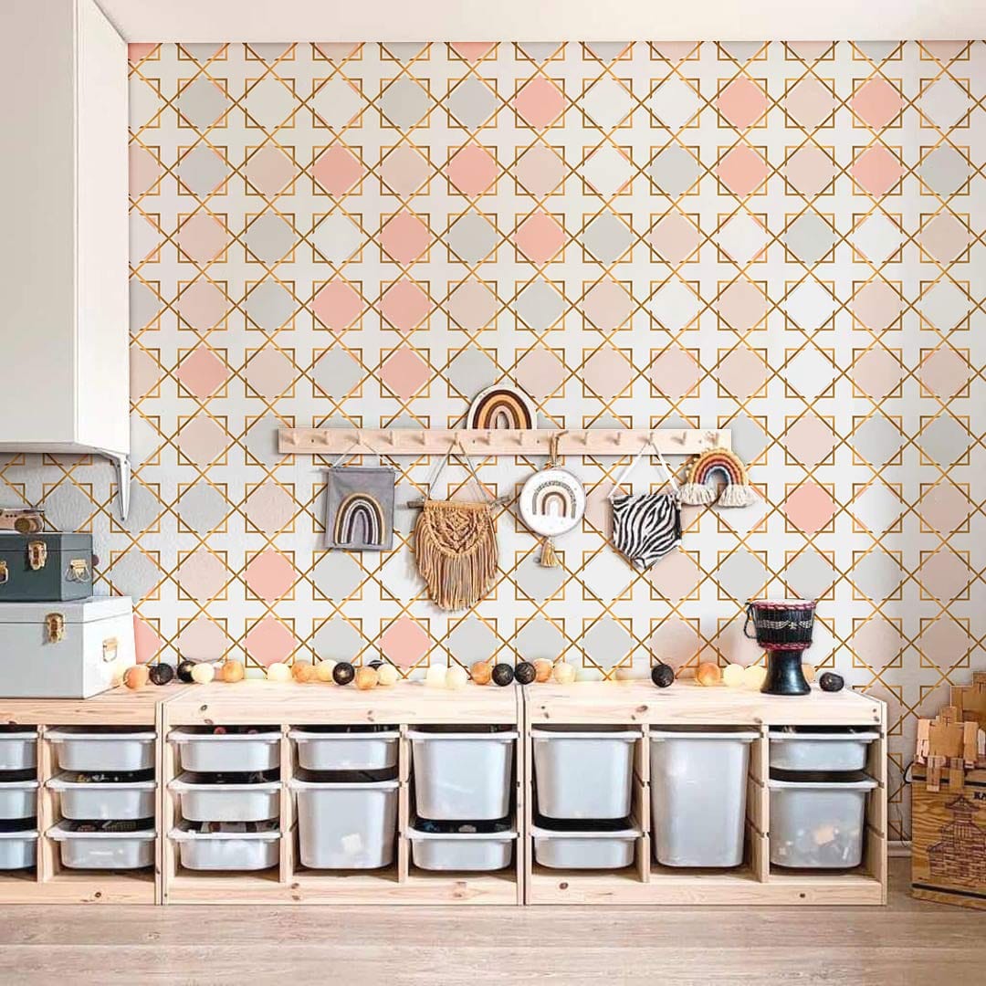 Elegant Pastel Geometric Pattern Wallpaper in playroom with wooden storage, soft pink and cream accents.