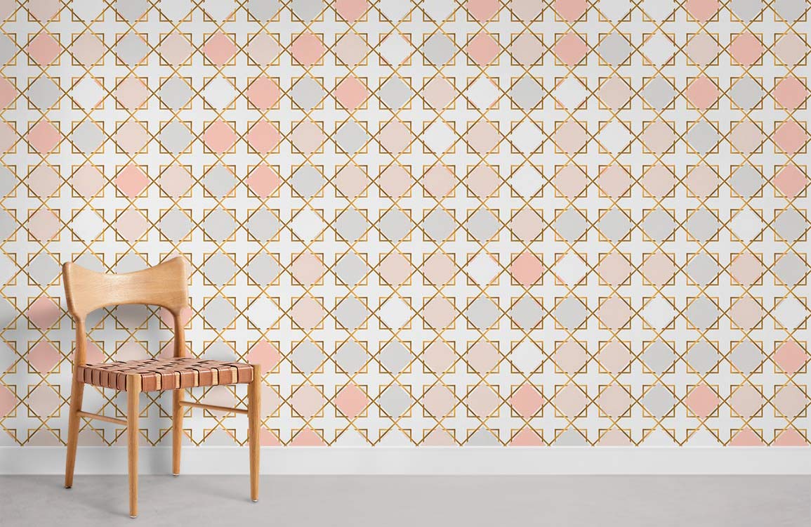 Elegant pastel geometric wallpaper with soft pink accents in room with wooden chair, grey flooring.