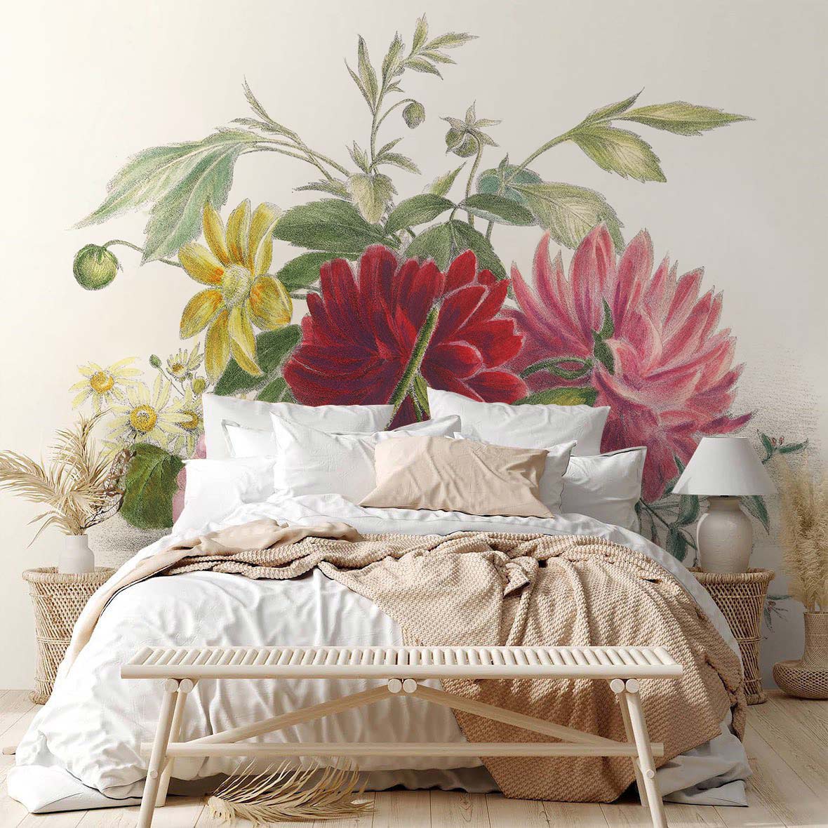 Vintage Botanical Floral Mural Wallpaper in bedroom with wicker bench, white bedding, light wood flooring.